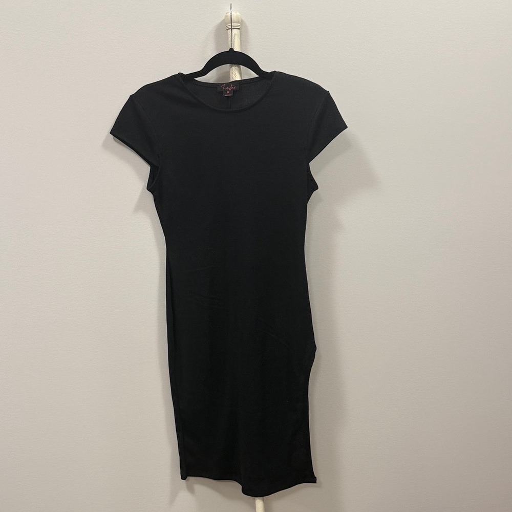 Black Cap Sleeve Dress with High Slit
